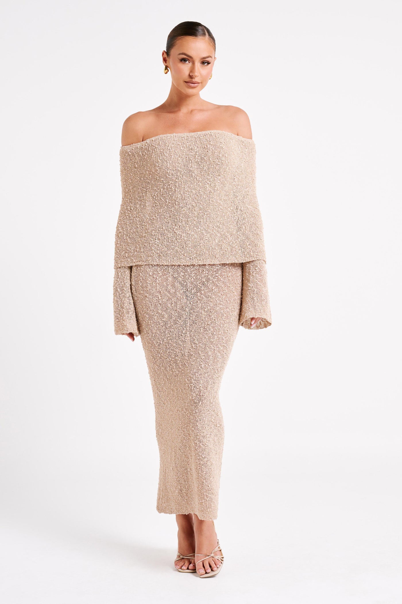 Textured Knit Off Shoulder Long Sleeve Column Maxi Dress 7