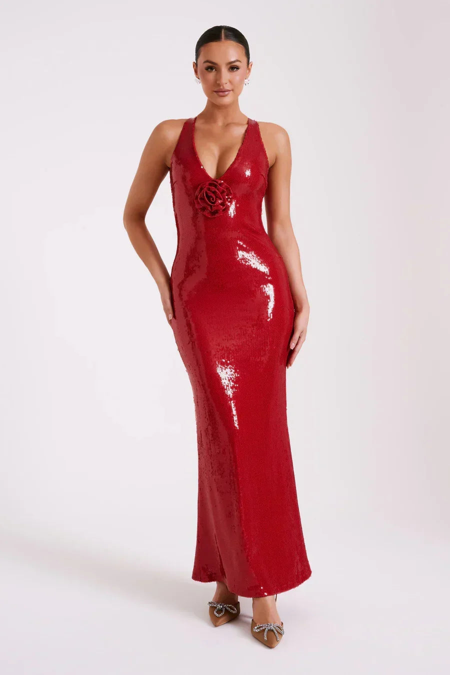 Sequin Scoop Neck Racerback Rosette Side Split Maxi Dress 20