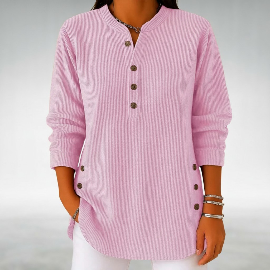 Split Neck Button Placket Ribbed Knit Jumper