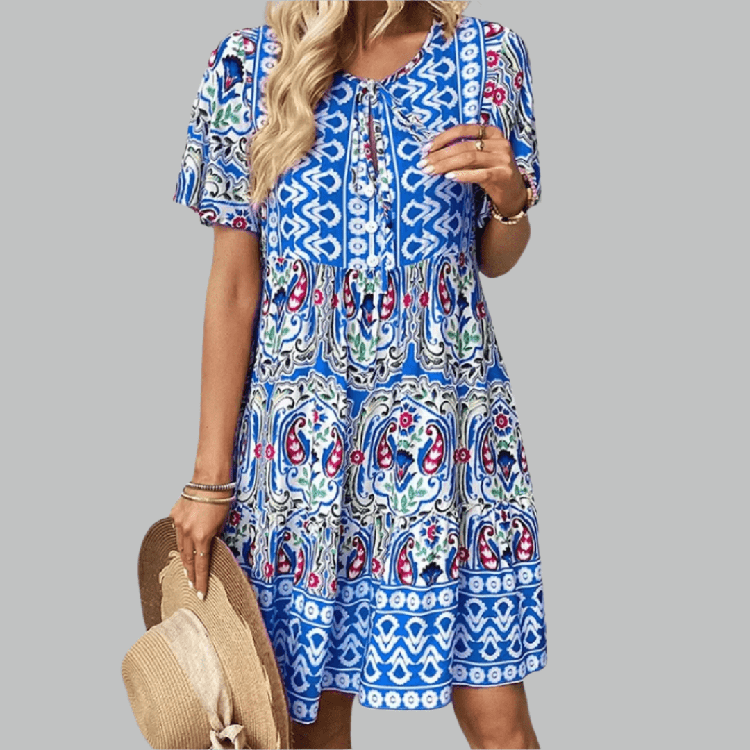 Charley | Boho Printed Day Dress Blue