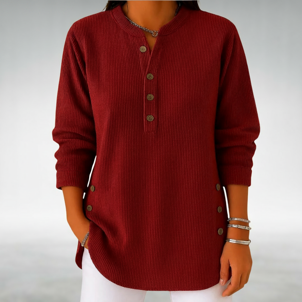 Split Neck Button Placket Ribbed Knit Jumper