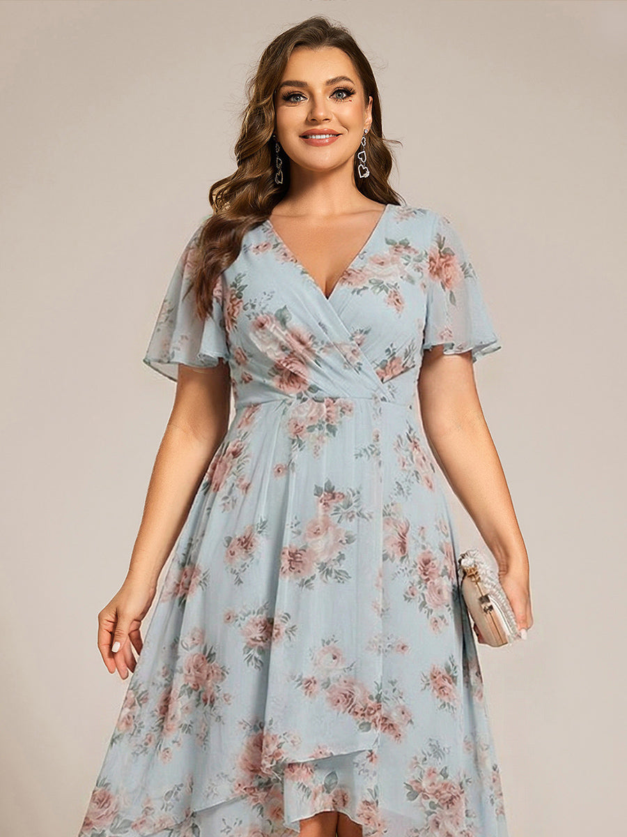 V-Neck Flutter Sleeve Chiffon High Low Midi Dress Wedding Guest