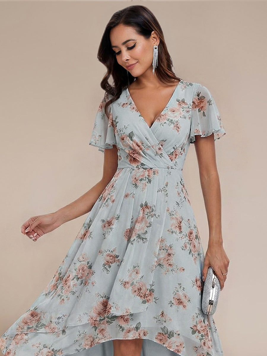 V-Neck Flutter Sleeve Chiffon High Low Midi Dress Wedding Guest