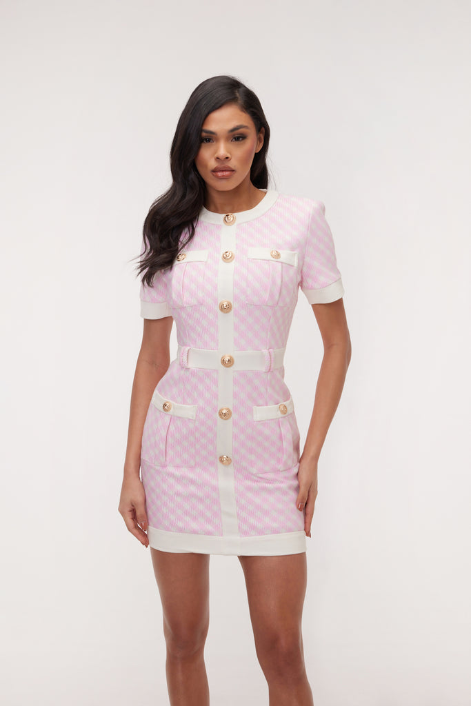 Gingham Short Sleeve Contrast Trim Belted Button Front Pocket Mini Dress 9