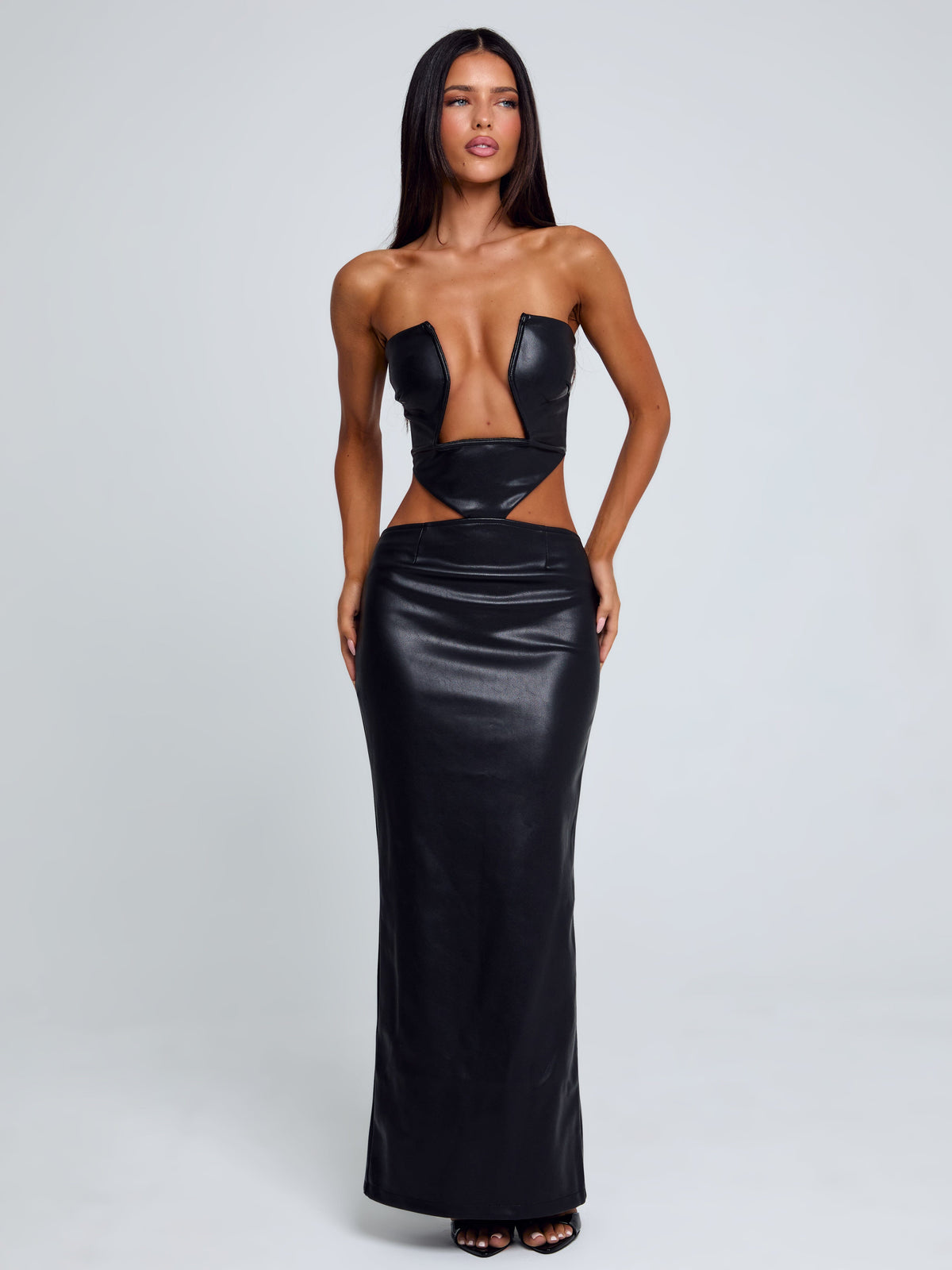 Faux Leather Strapless Plunge Cut Out Waist Column Maxi Dress 4