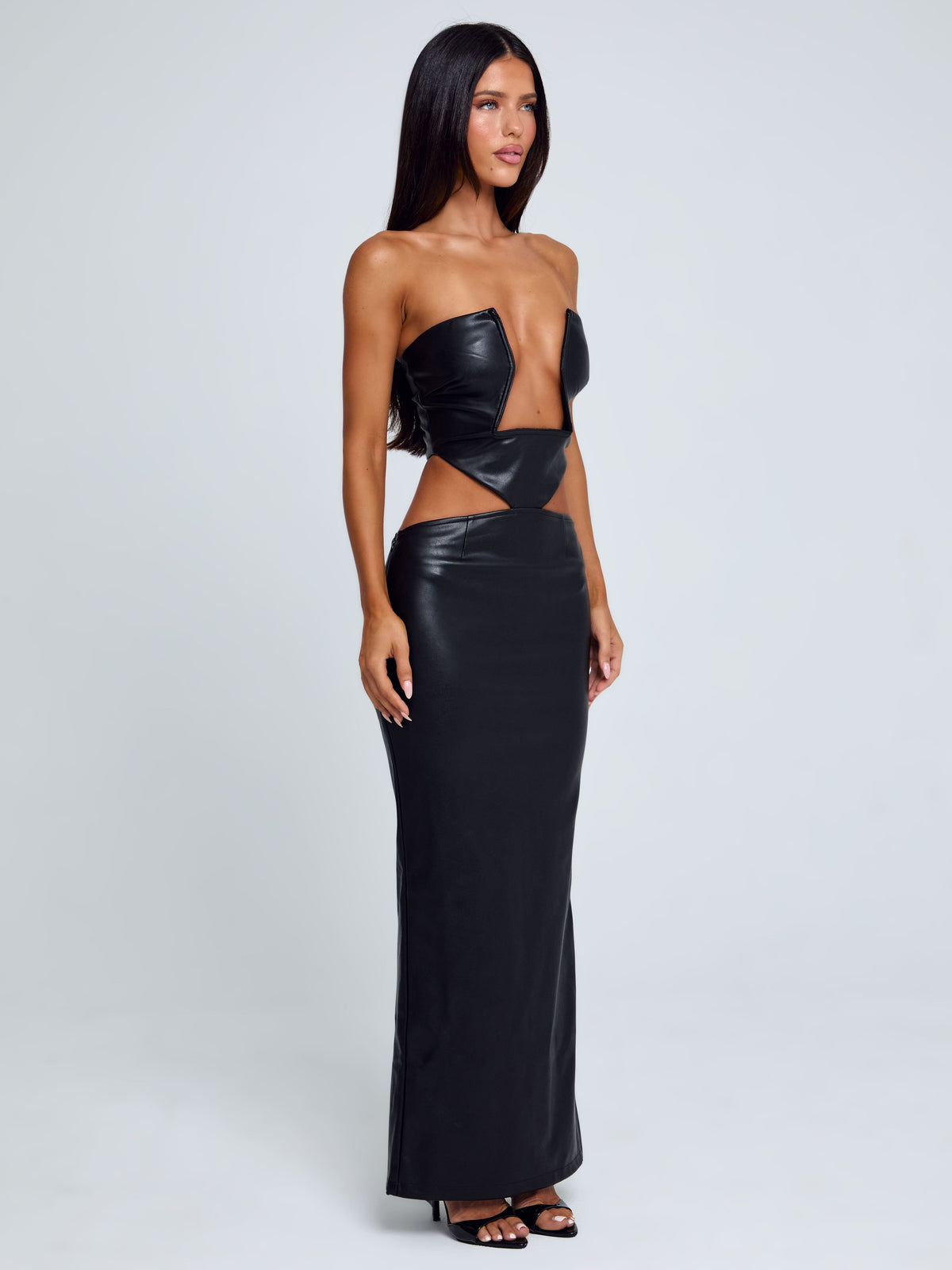 Faux Leather Strapless Plunge Cut Out Waist Column Maxi Dress 3