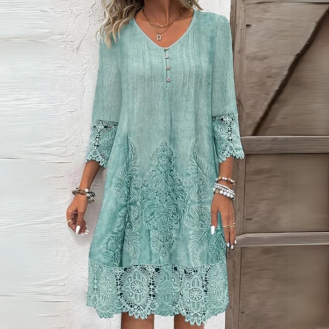 Lace Trim V-Neck Button Front Shift Midi Dress 2