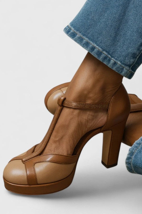 Closed Toe T-Strap Platform Block Heel Pumps
