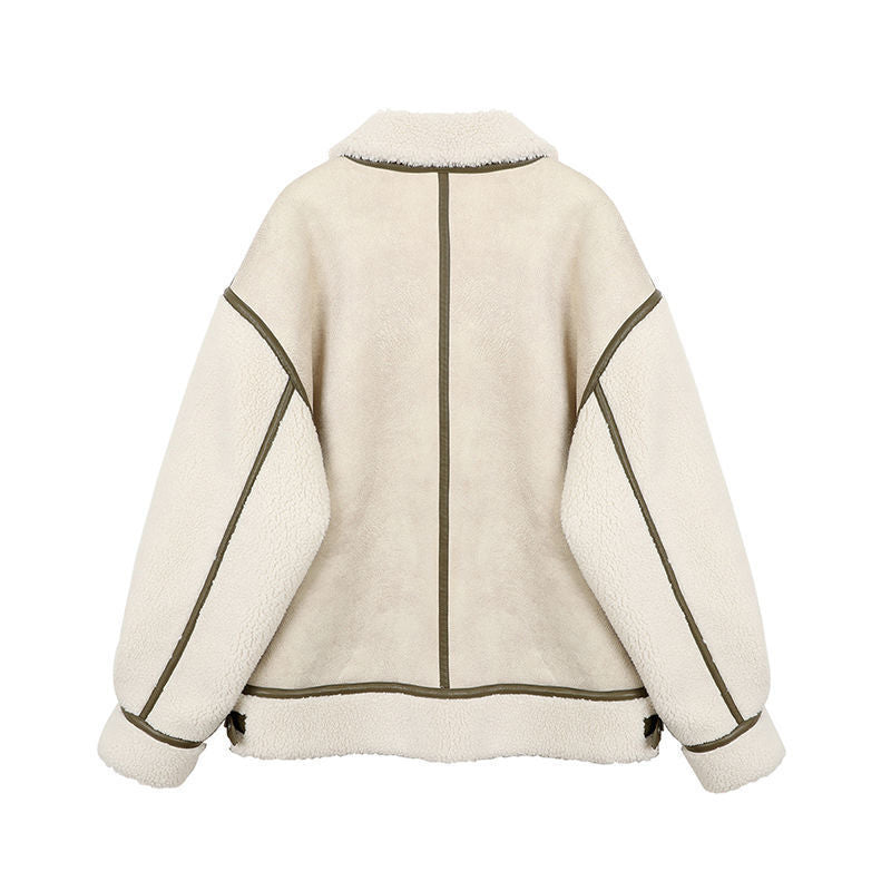 Faux Shearling Contrast Trim Buckle Collar Zip Front Jacket 5