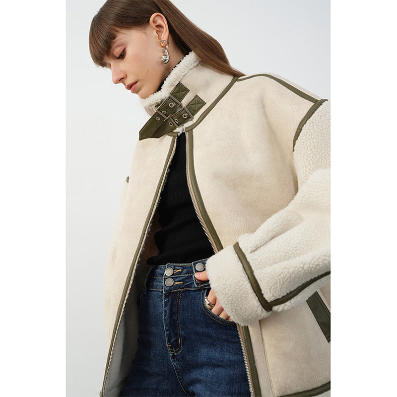 Faux Shearling Contrast Trim Buckle Collar Zip Front Jacket 3