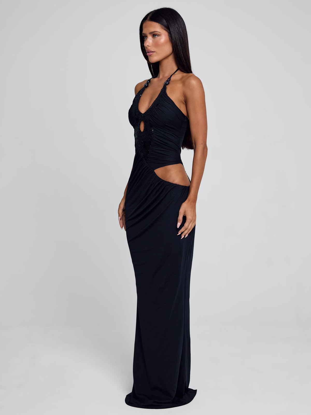 Sequin Halter Keyhole Side Cut Out Ruched Maxi Dress 2