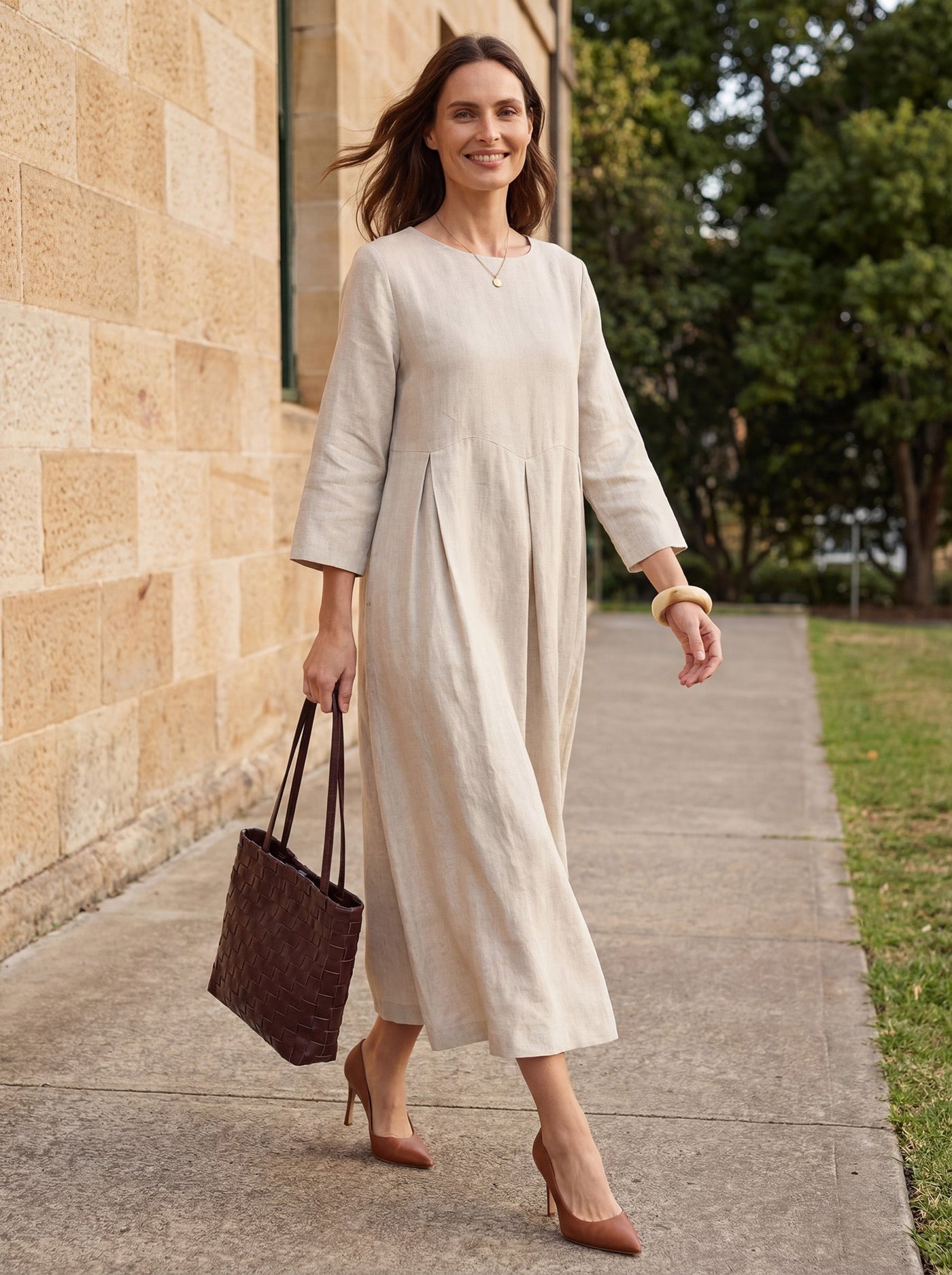 Pleated Round Neck Pocket A-Line Maxi Dress 2