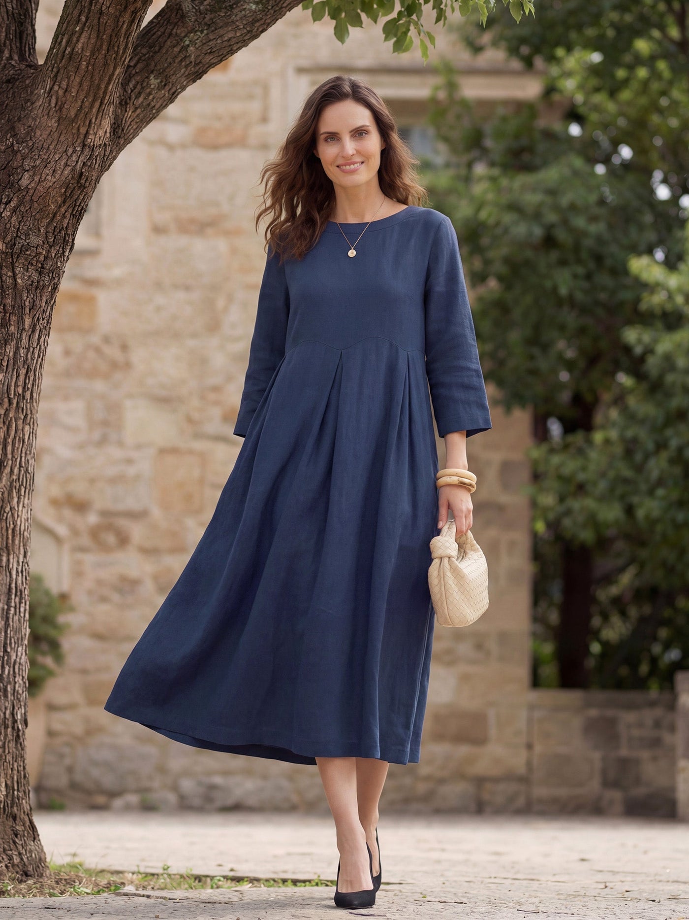 Pleated Round Neck Pocket A-Line Maxi Dress 24