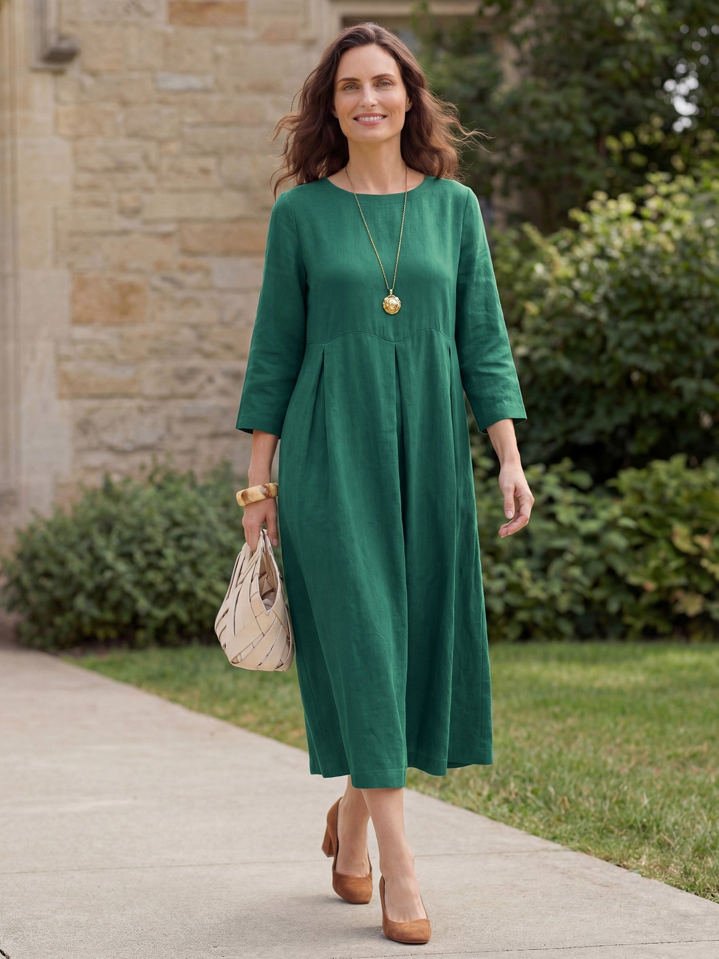 Pleated Round Neck Pocket A-Line Maxi Dress 13