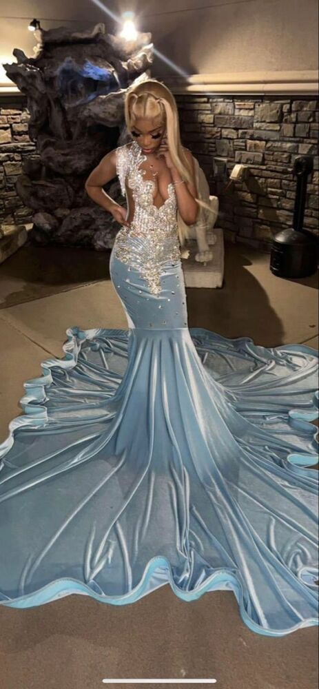 Baby Blue Mermaid Lace Appliques African Prom Dress Evening Dress cc1104