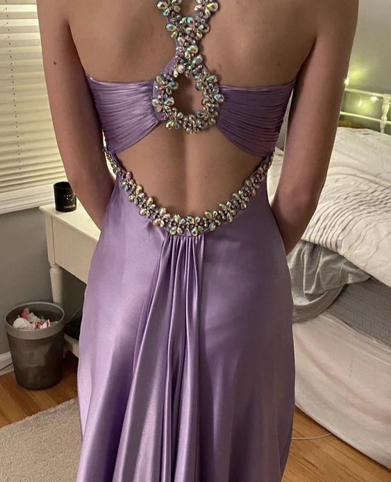 Glamorous purple satin beaded long prom evening dresses cc1216