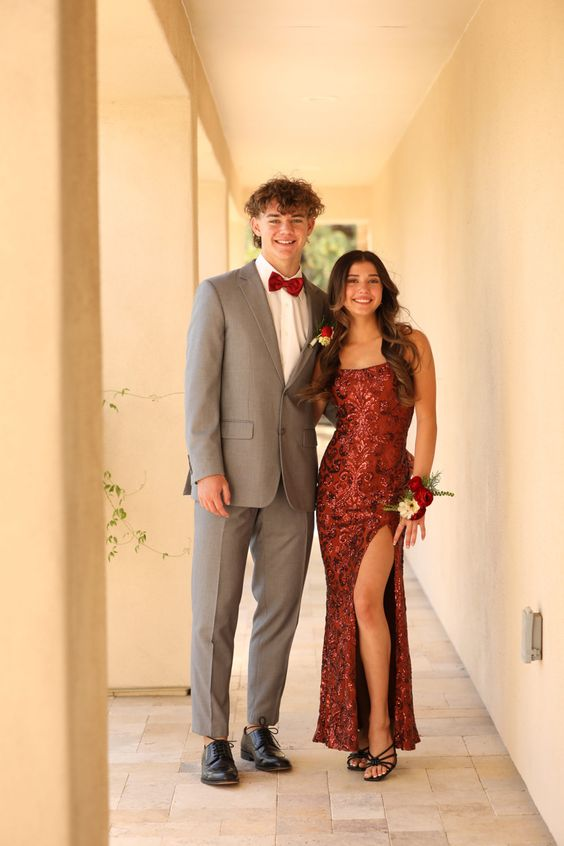 Dark Red Sheath Prom Dress With Split,Glam Dress cc953