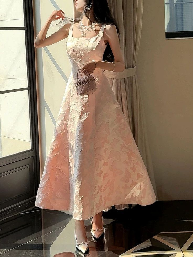 Chic Spaghetti Straps Pink Satin Print Prom Dress Evening Party Dress cc1885
