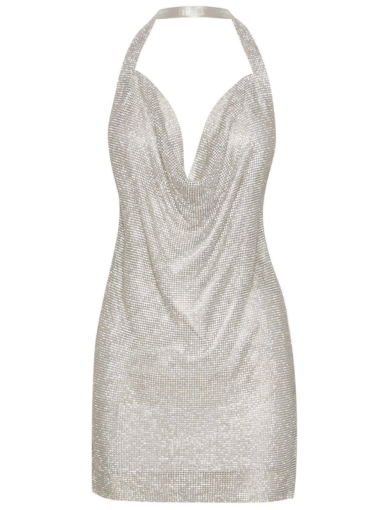 Mabel Diamante Mesh Mini Dress In Silver 6