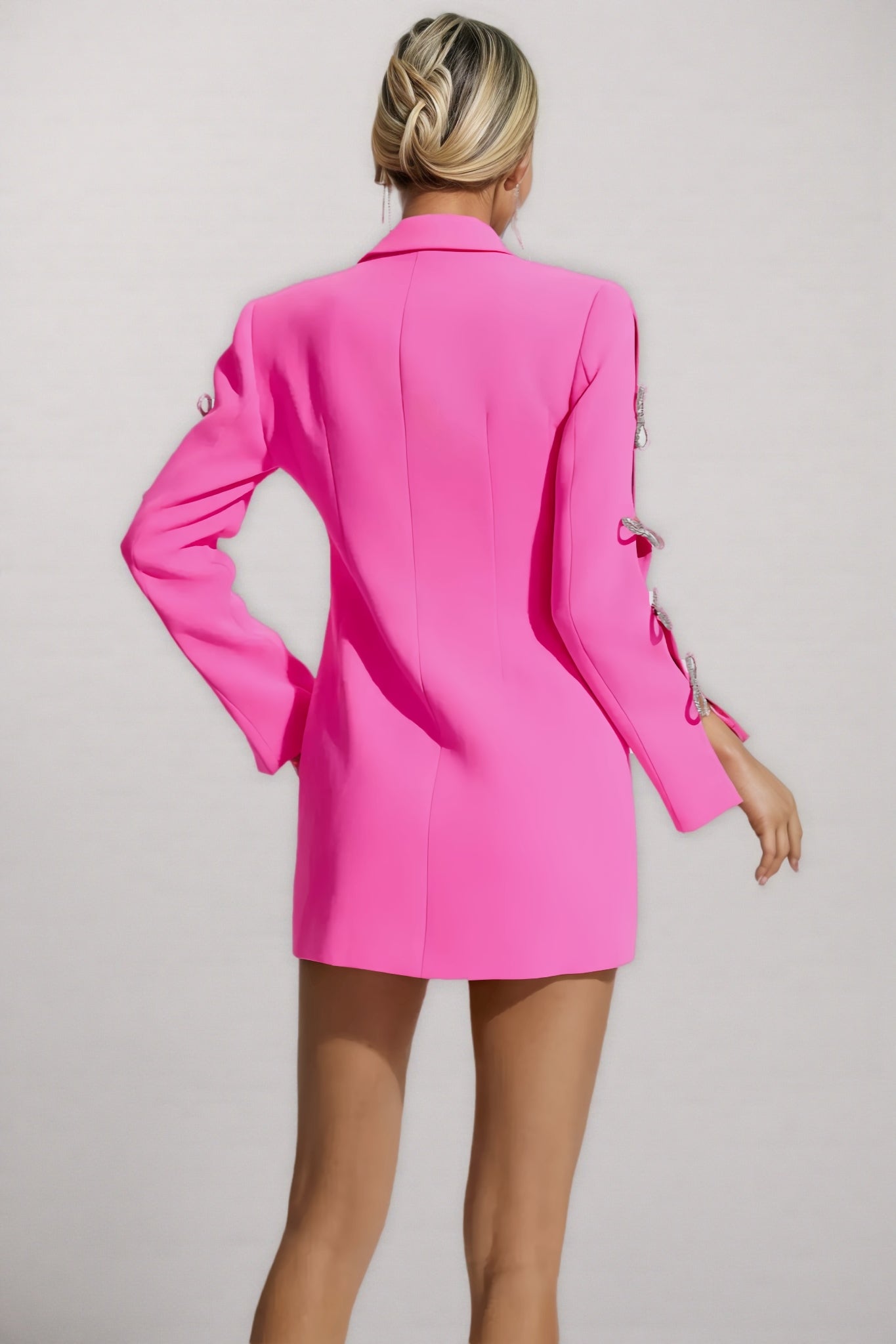 Pearl Chain Draped Rhinestone Bow Slit Sleeve Notched Lapel Blazer Mini Dress