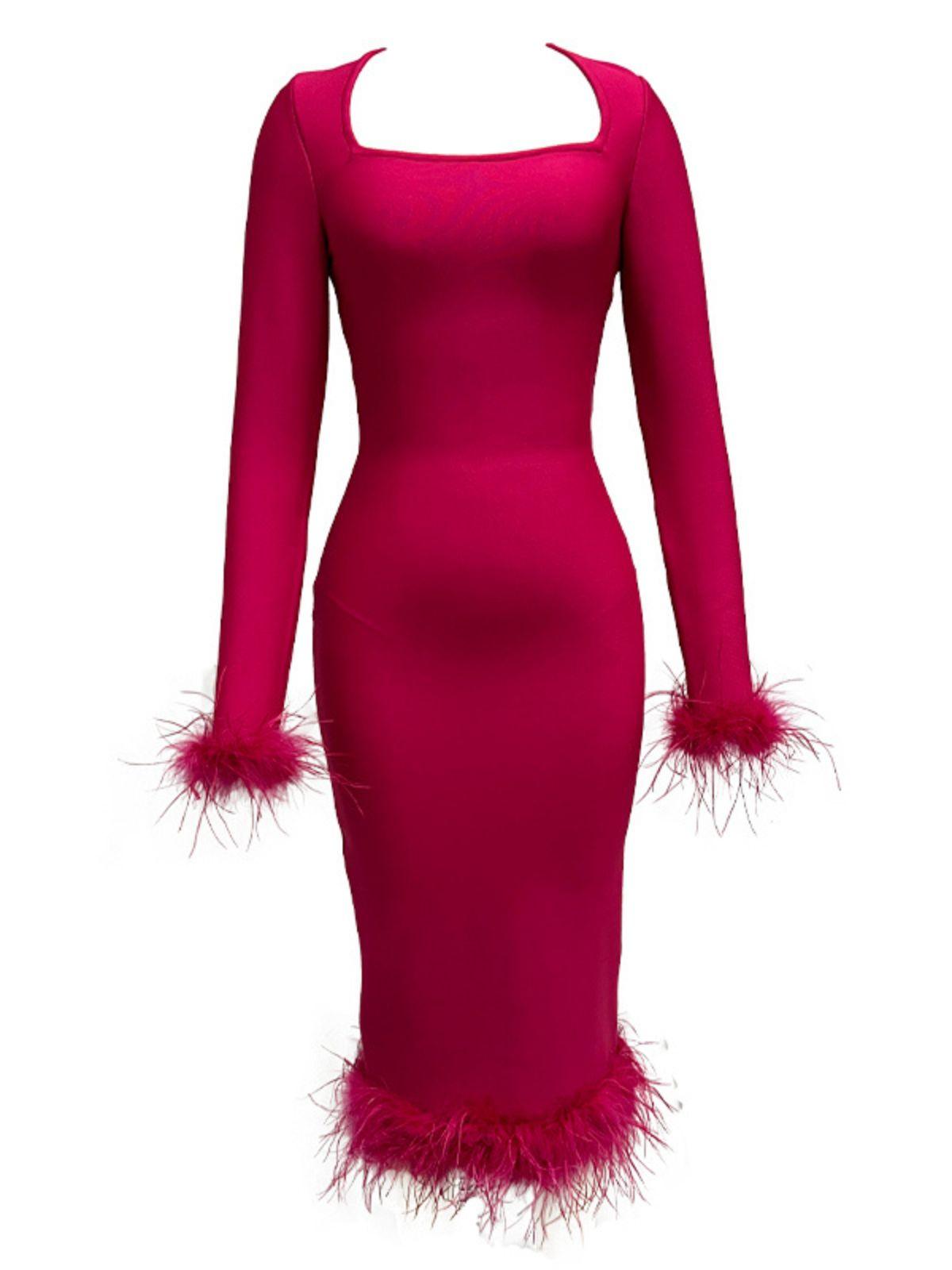 Square Neck Long Sleeve Feather Trim Bandage Bodycon Midi Dress