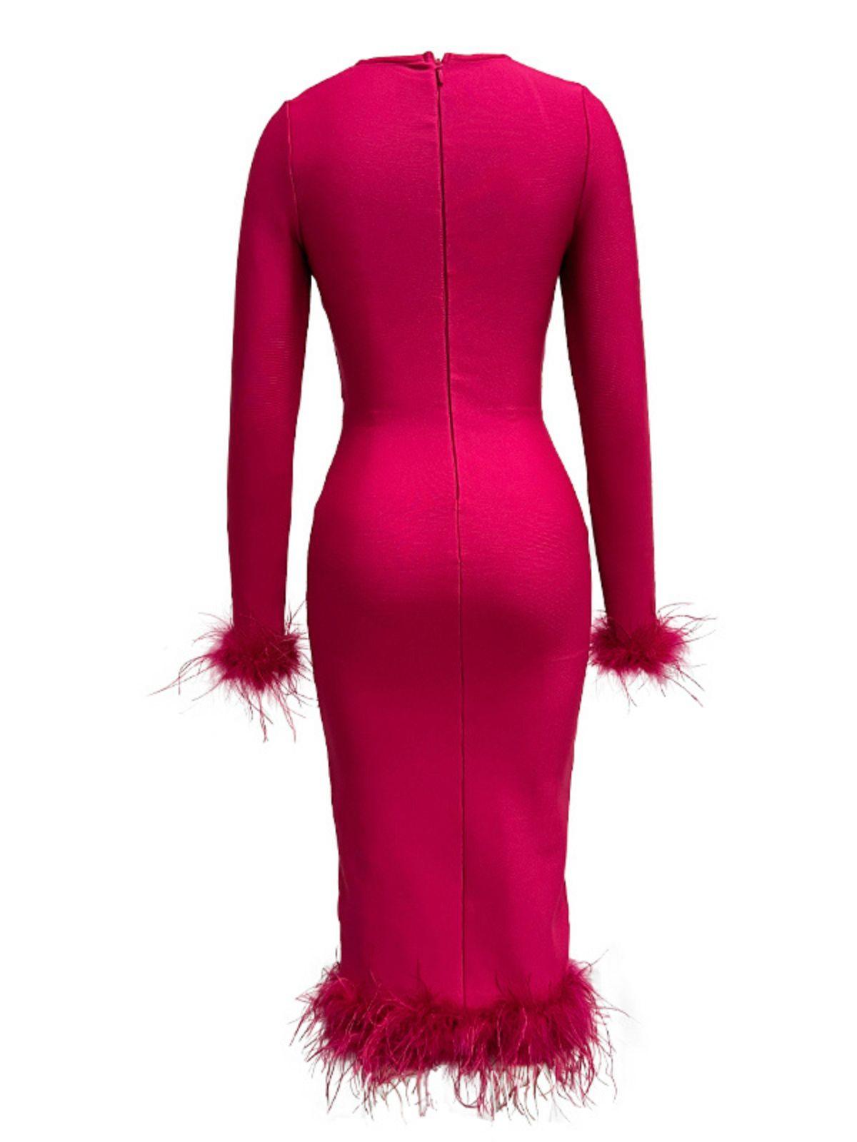 Square Neck Long Sleeve Feather Trim Bandage Bodycon Midi Dress