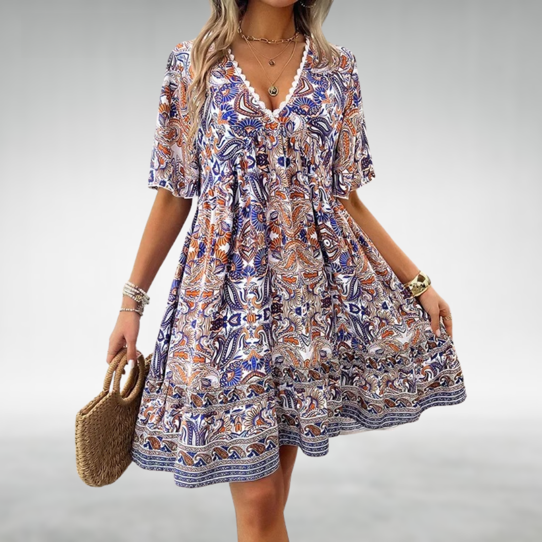 Adriana - Bohemian Summer Paisley Print Mini Dress Blue