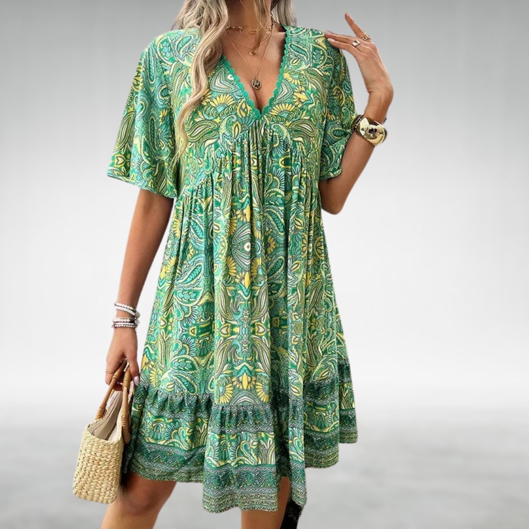 Adriana - Bohemian Summer Paisley Print Mini Dress Green