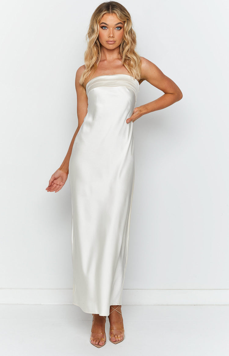 Strapless Foldover Neckline Satin Column Maxi Dress 3