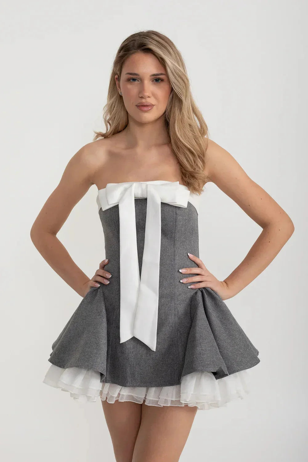 Strapless Bow Front Corset Tulle Hem Flared Mini Dress