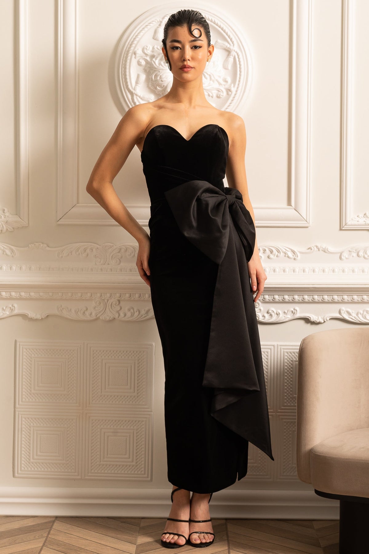 Velvet Strapless Sweetheart Oversized Bow High Split Midi Dress 3