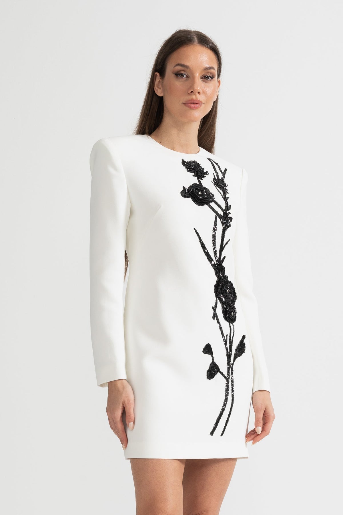 Round Neck Long Sleeve Beaded Floral Applique Structured Shoulder Mini Dress 7