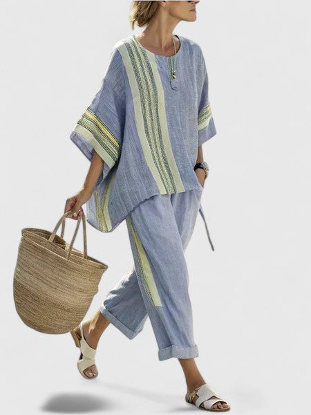 Striped Short Sleeve Top and Wide Leg Pants Two Piece Set