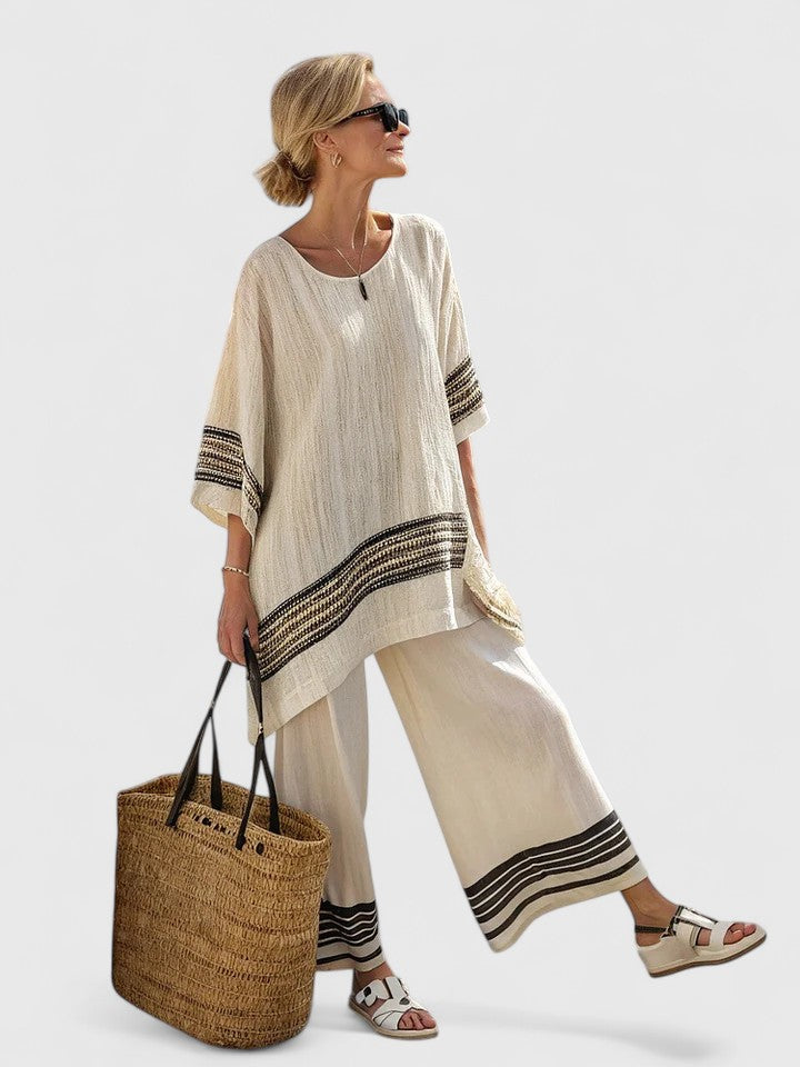 Striped Short Sleeve Top and Wide Leg Pants Two Piece Set
