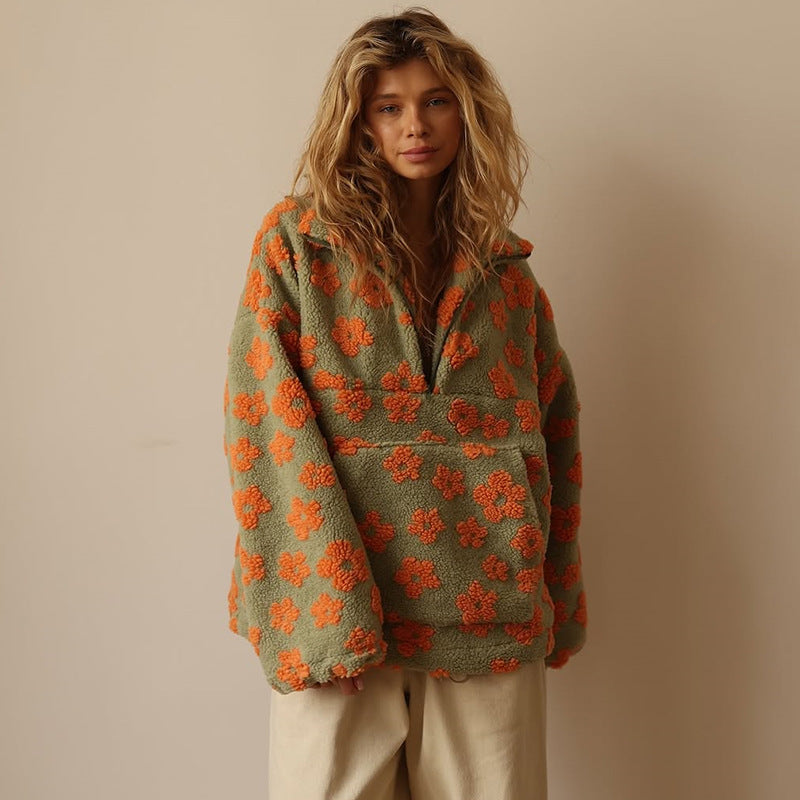 Floral Fleece Collared Half Zip Sherpa Pullover Sweatshirt