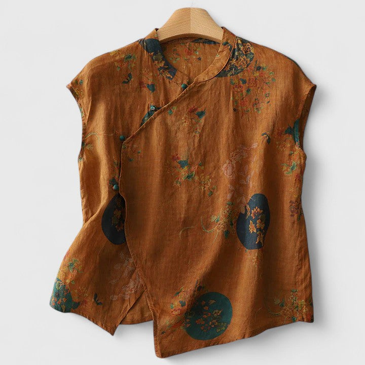 Floral Print Mandarin Collar Sleeveless Blouse