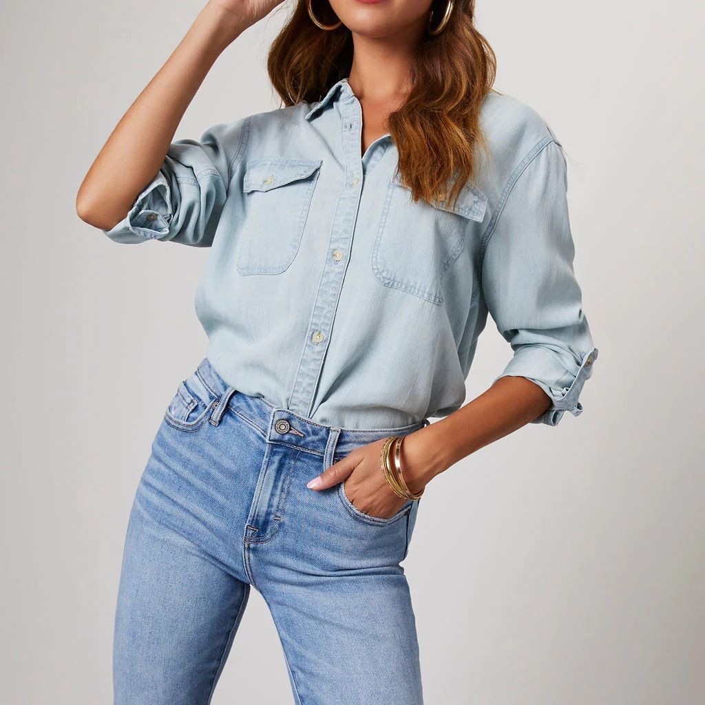 Denim Look Collared Button Front Long Sleeve Shirt