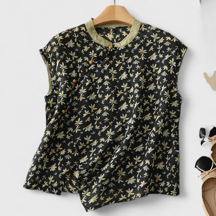Floral Print Mandarin Collar Sleeveless Blouse