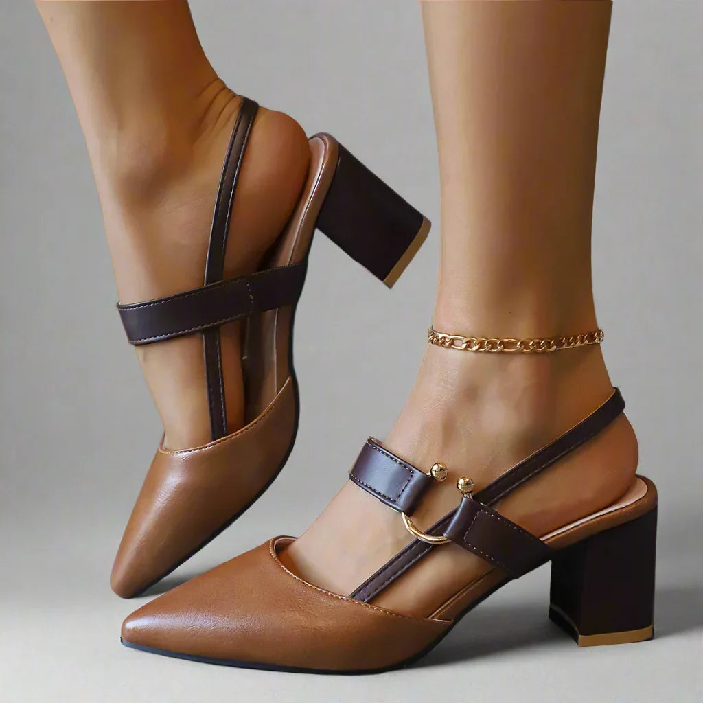 Pointed Toe Buckle Slingback Block Heel Pumps