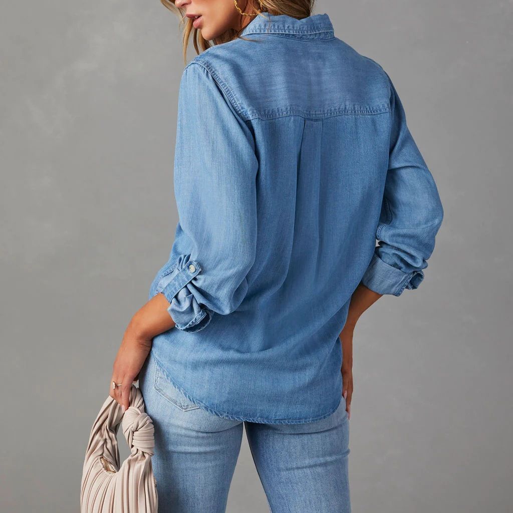 Denim Look Collared Button Front Long Sleeve Shirt