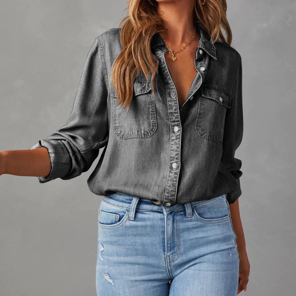 Denim Look Collared Button Front Long Sleeve Shirt