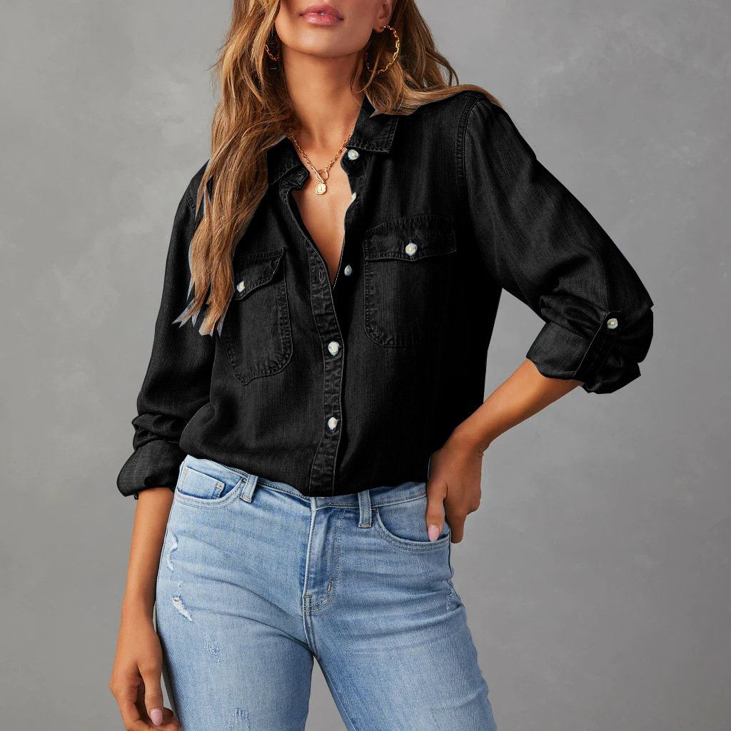 Denim Look Collared Button Front Long Sleeve Shirt