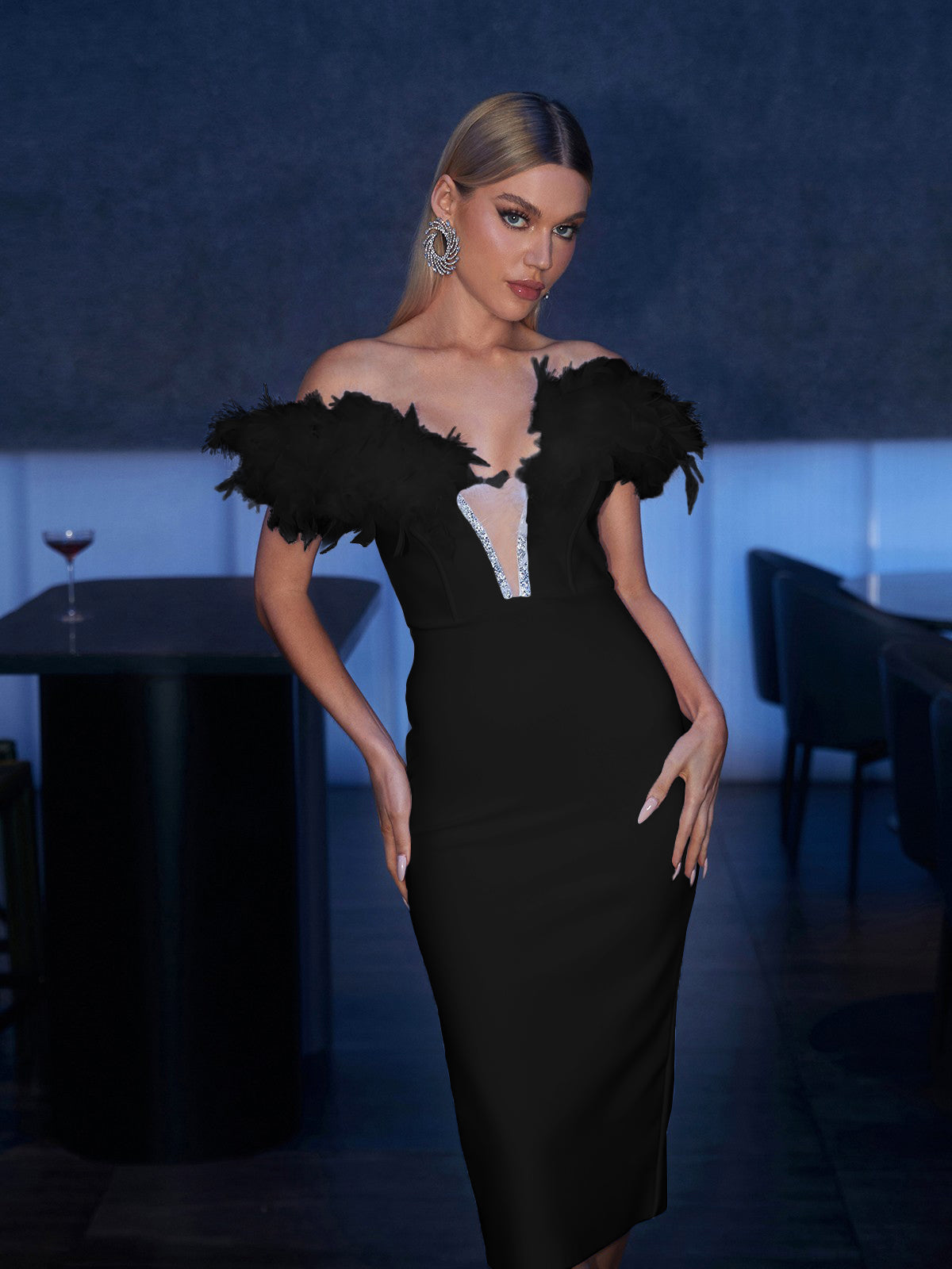 Off Shoulder Feather Trim Deep V-Neck Bandage Bodycon Midi Dress