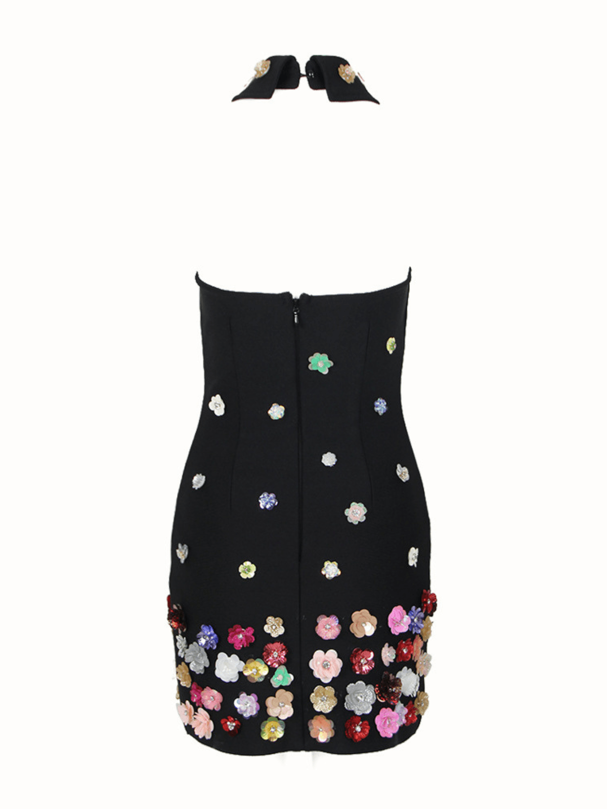 Halter Neck Collar Keyhole Cut Out 3D Floral Rhinestone Bodycon Mini Dress