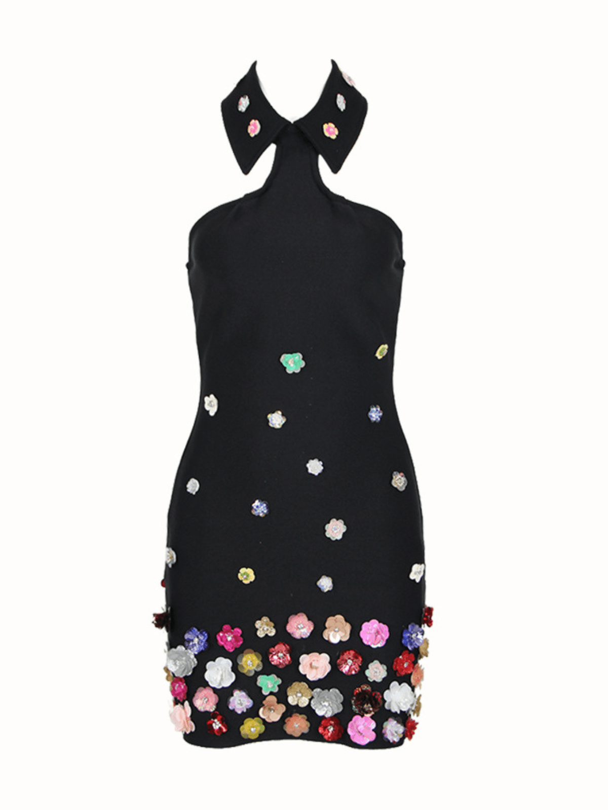Halter Neck Collar Keyhole Cut Out 3D Floral Rhinestone Bodycon Mini Dress