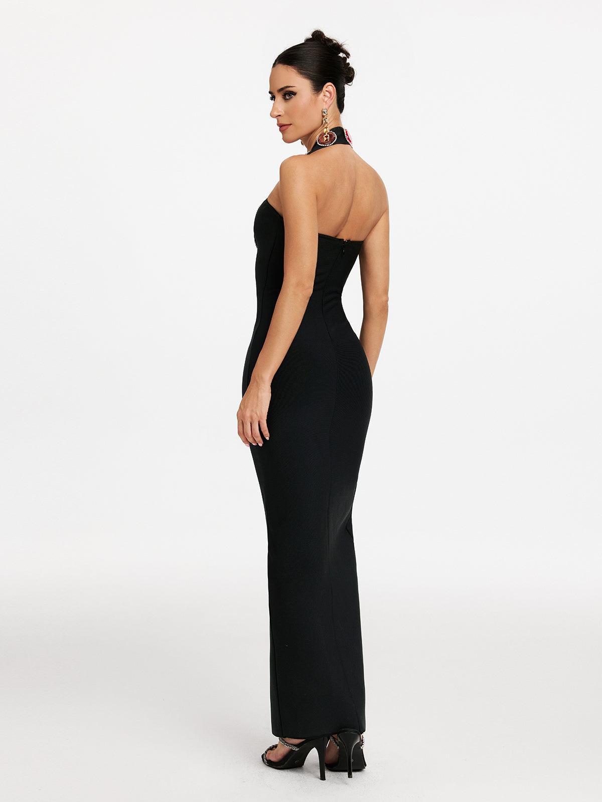 Halter Neck Cabochon Stone Trim High Split Bandage Maxi Dress
