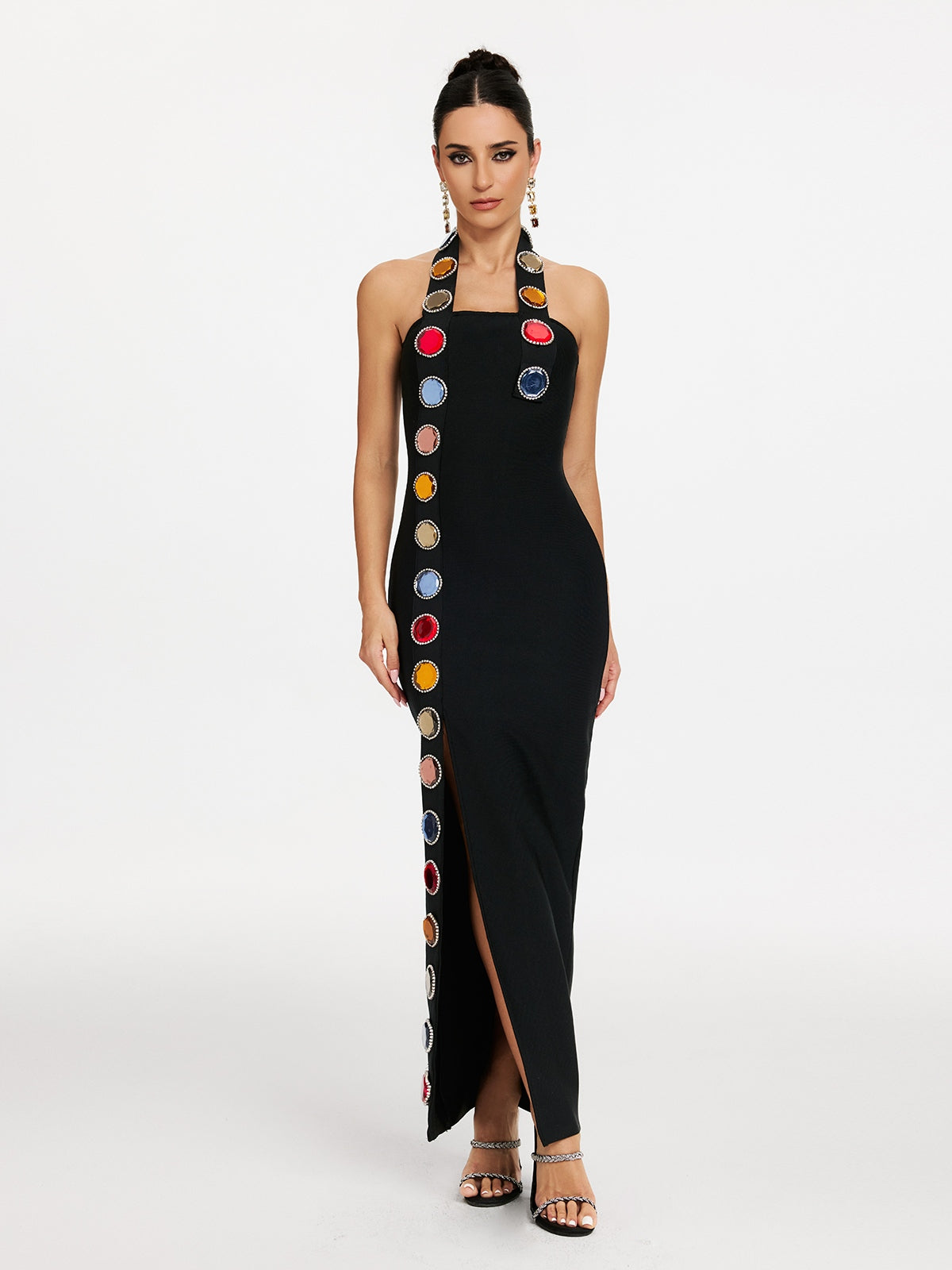 Halter Neck Cabochon Stone Trim High Split Bandage Maxi Dress