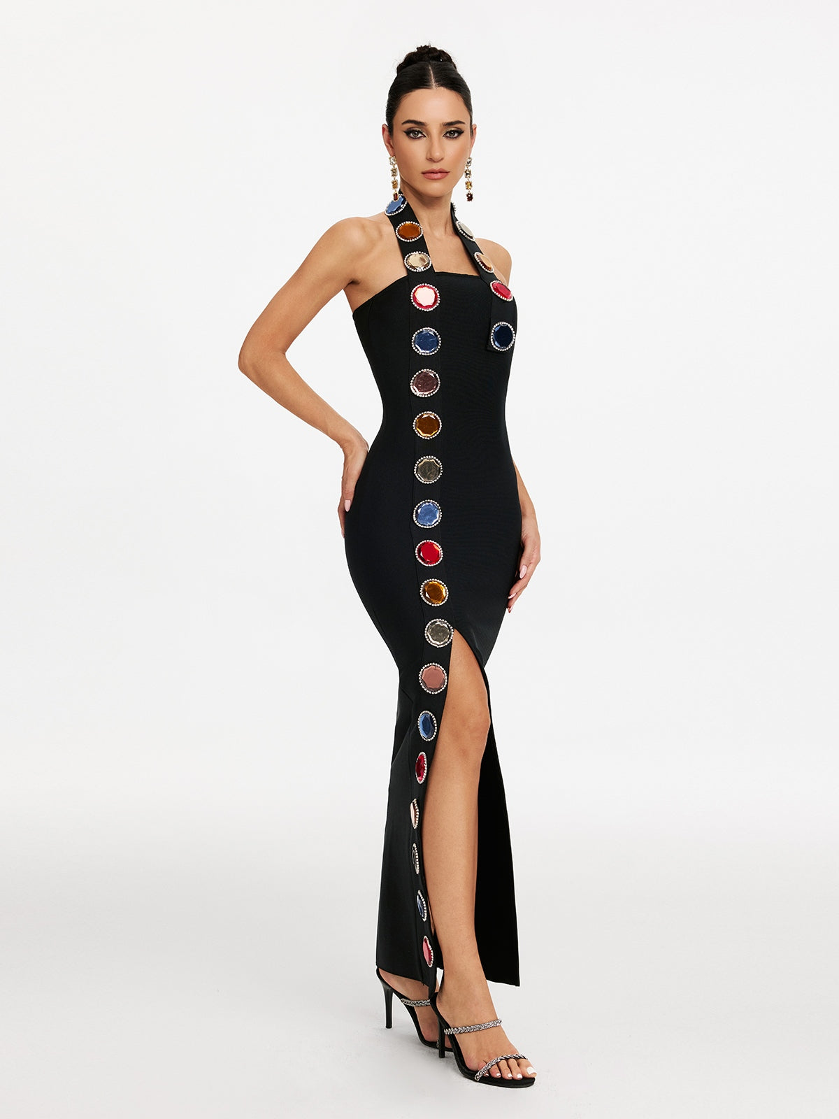 Halter Neck Cabochon Stone Trim High Split Bandage Maxi Dress