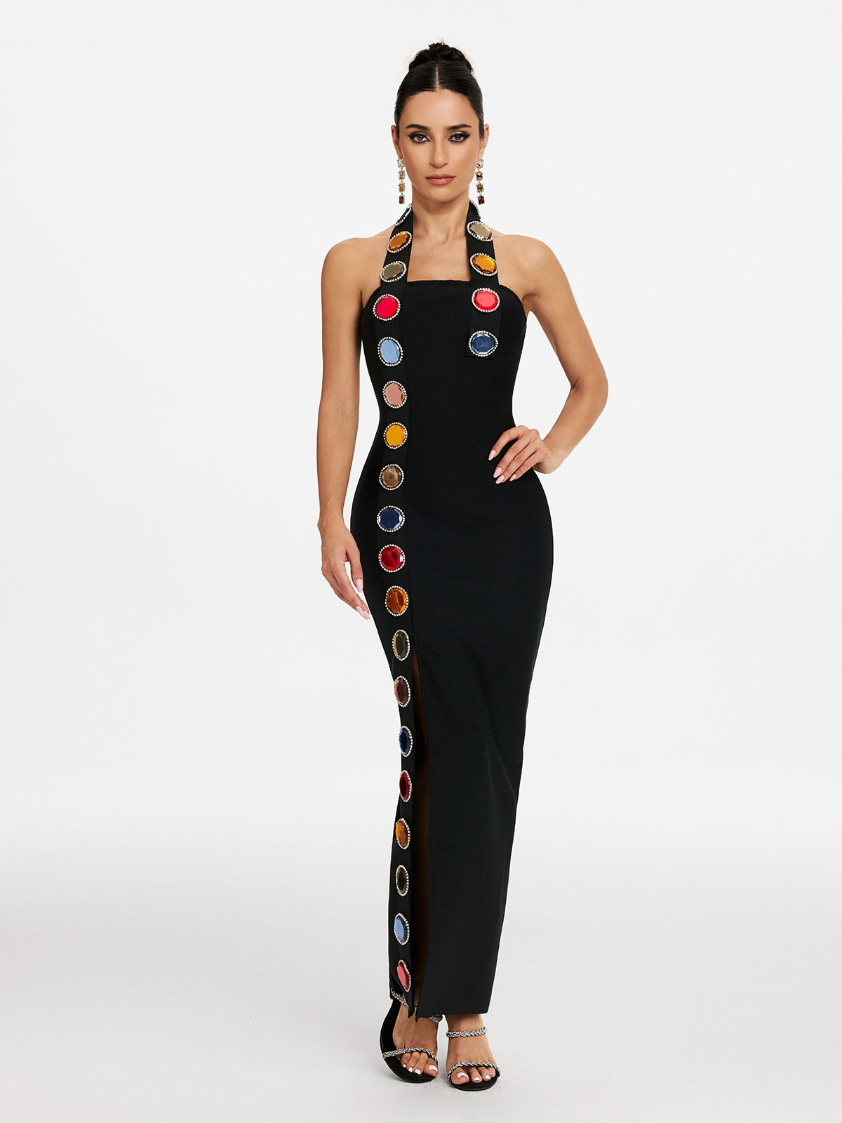 Halter Neck Cabochon Stone Trim High Split Bandage Maxi Dress