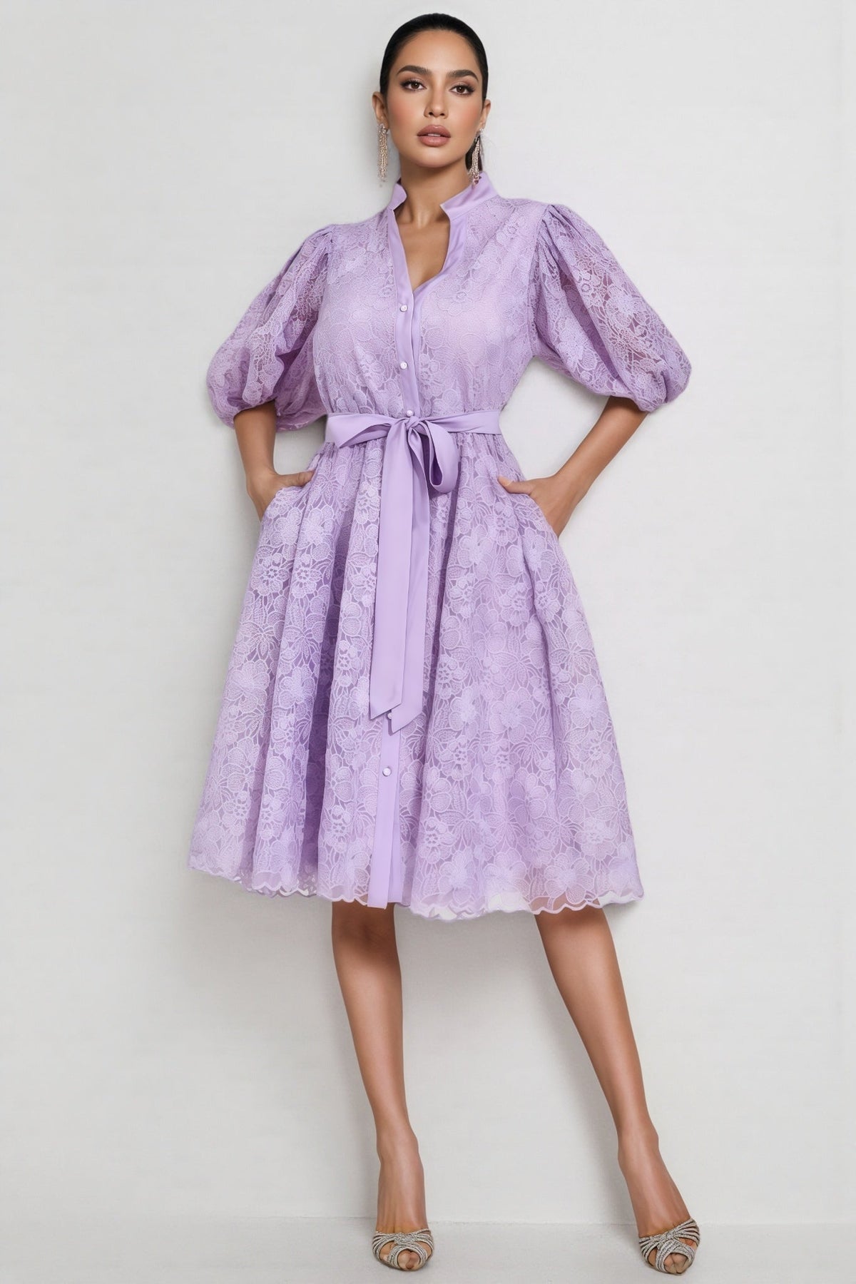 Floral Lace Puff Sleeve Button Front Tie Waist A-Line Midi Dress 7